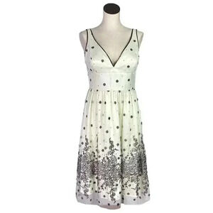 Adrianna Papell Dress Womens 10 Ivory Black Floral Beaded Sleeveless Retro Party